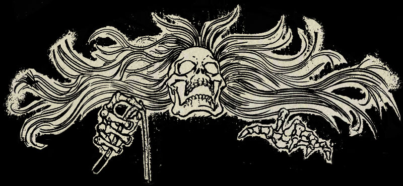 An illustration in black ink depicting a macabre skull holding a rope with two bone hands